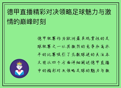 德甲直播精彩对决领略足球魅力与激情的巅峰时刻